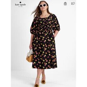 Kate Spade Sz S Tulip Toss Riviera Smocked Midi Dress Black Floral Puff Sleeve